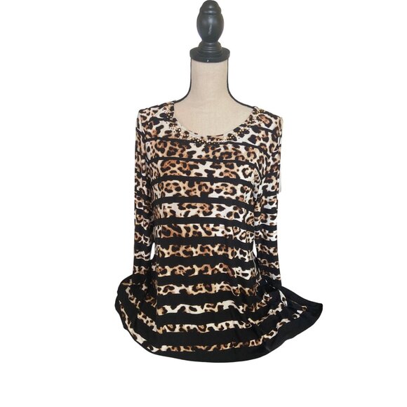 Ruby Rd Womens Medium Tunic Top Leopard Stripe Studed Neckline Rayon Mob Wife - Picture 2 of 9